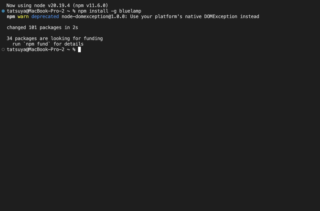 npm install -g bluelamp の実行結果