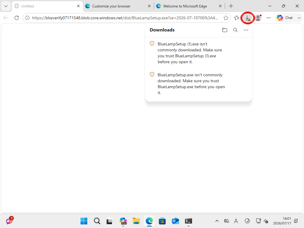 Edge のダウンロード警告。右上のダウンロードアイコンに赤丸